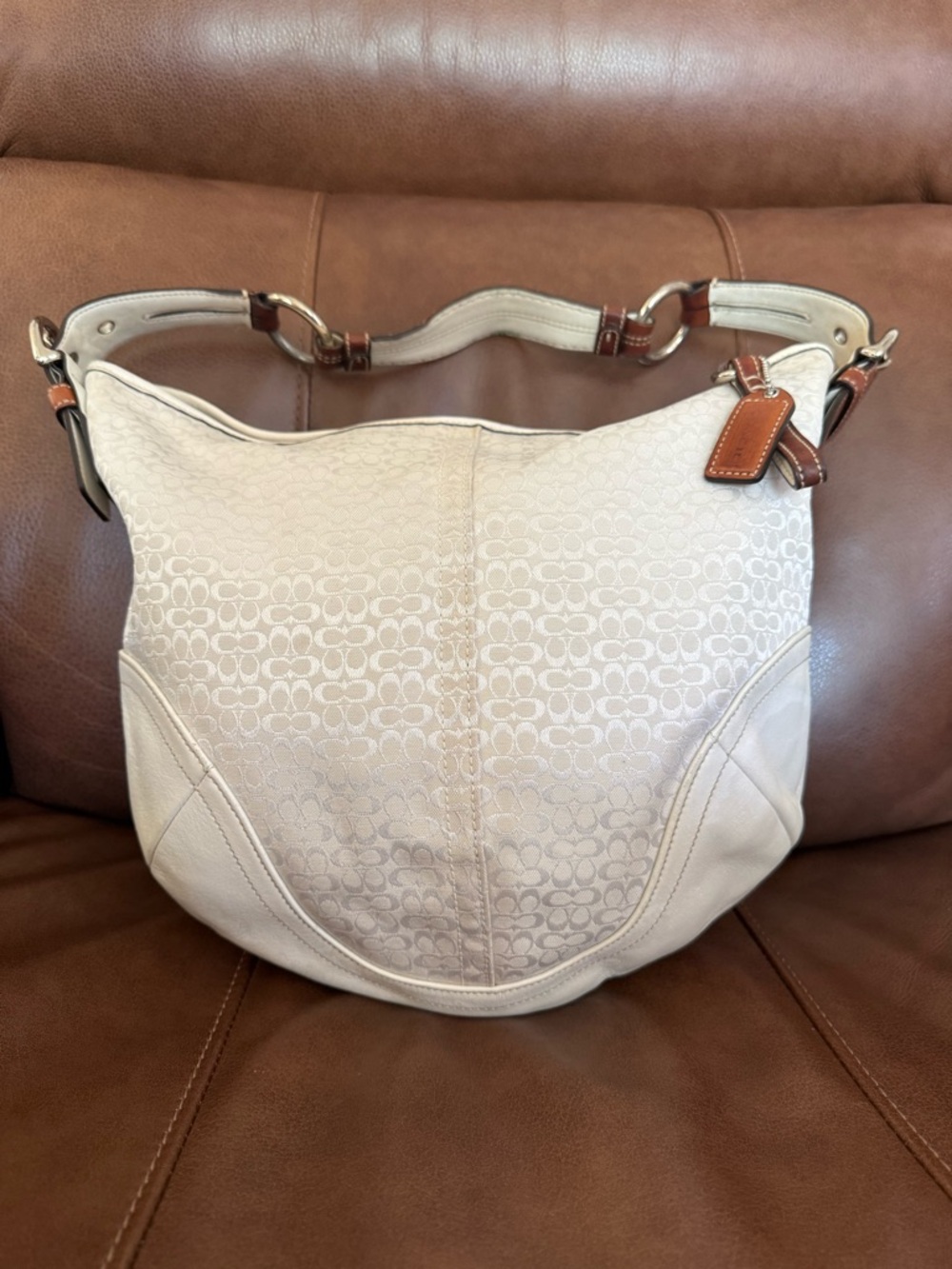 Vintage Coach Soho Signature Hobo shoulder bag w/ white canvas with leather trim